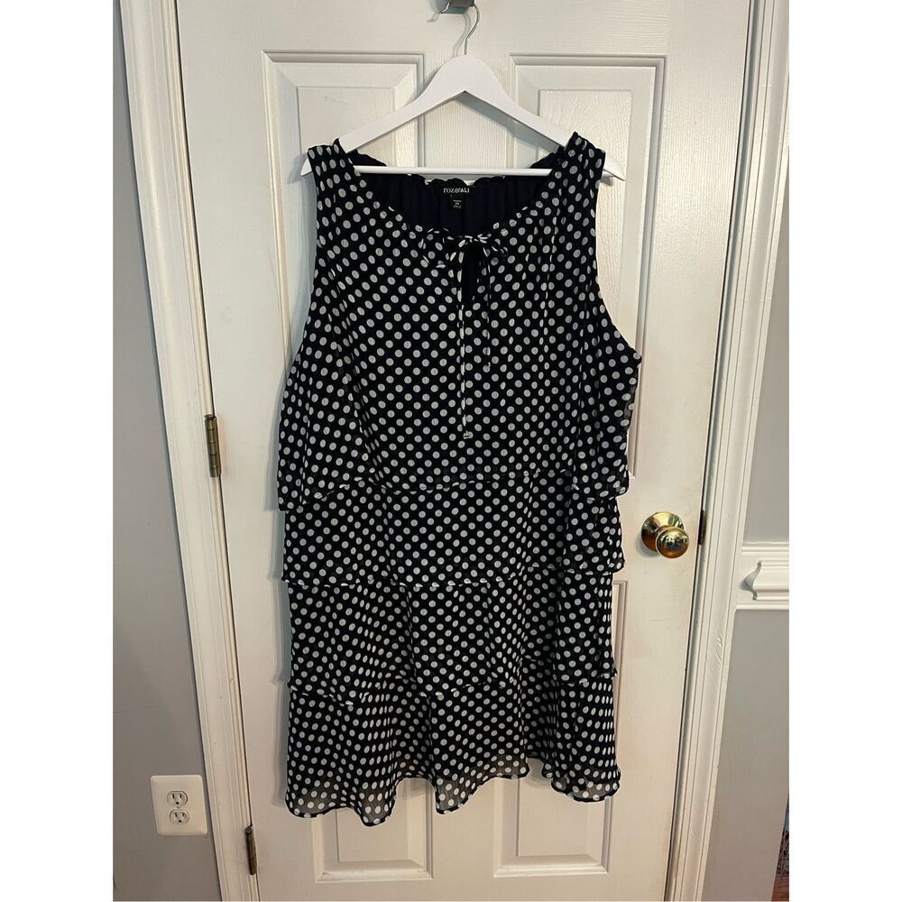 Roz & Ali Blue & White Polka Dot Crepe Tiered Sleeveless Dress sz 24 EUC